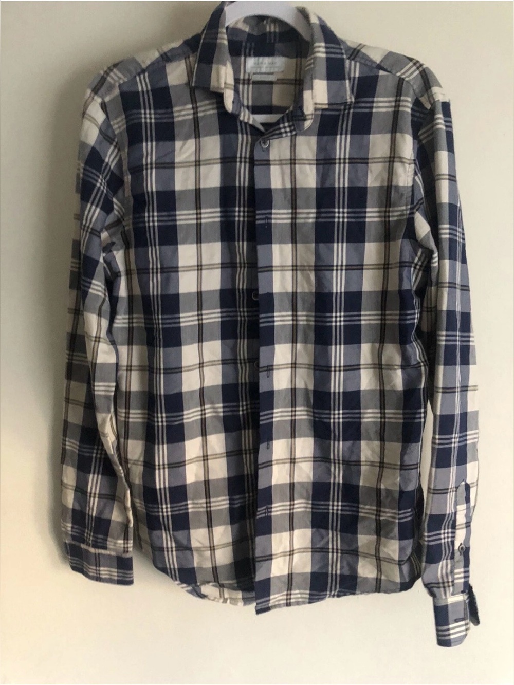 Zara Man Button Up Plaid Blue Slim Fit Shirt Mens Sz M